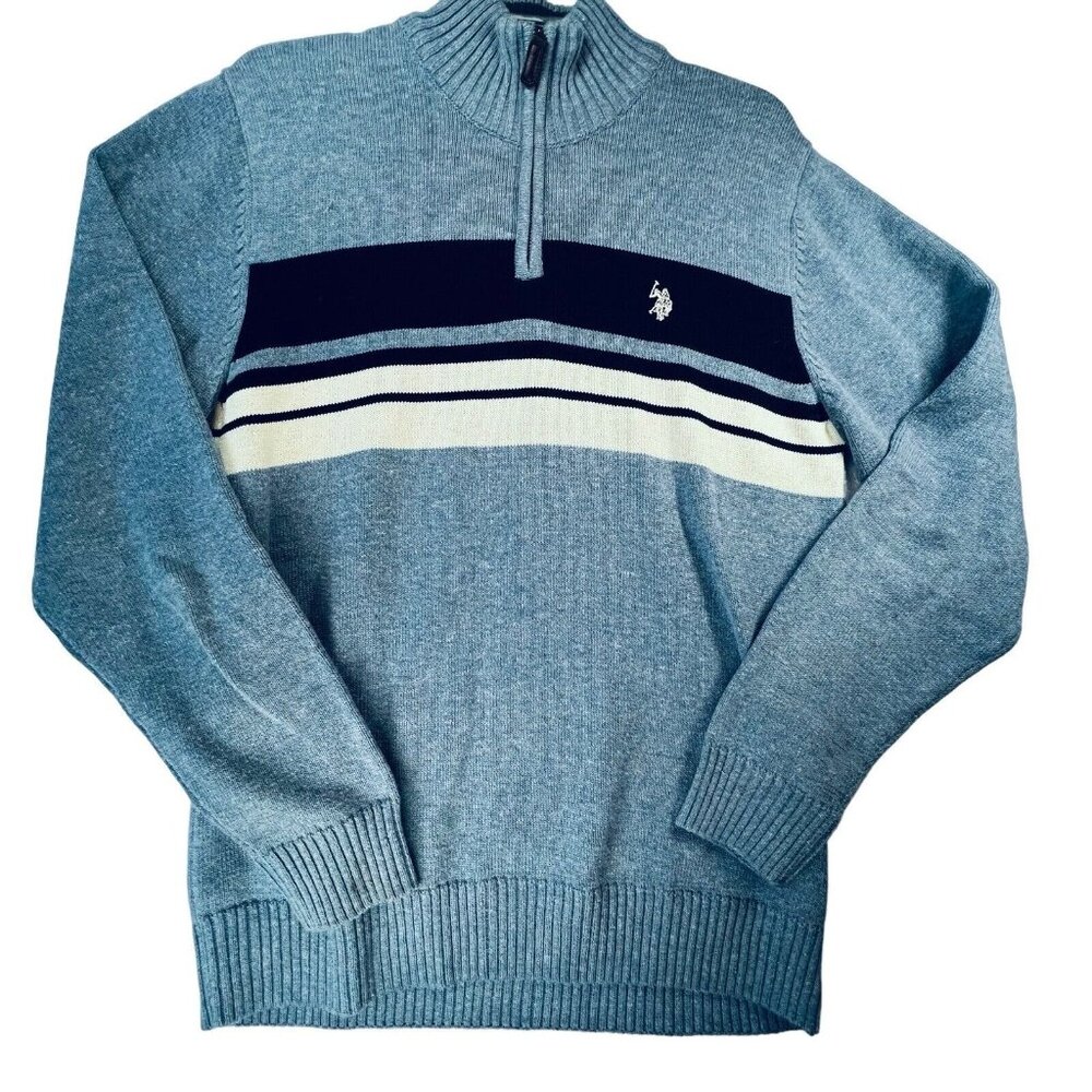 US Polo Assn Blue Half Zip Sweater Medium Striped Horse Logo Ribbed Collar Cuffs